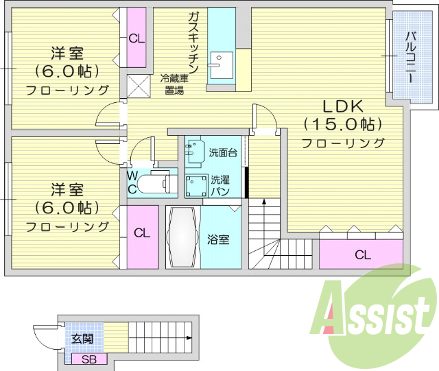 2LDK、南東向き、バストイレ別、LDK15帖、日当たり良好