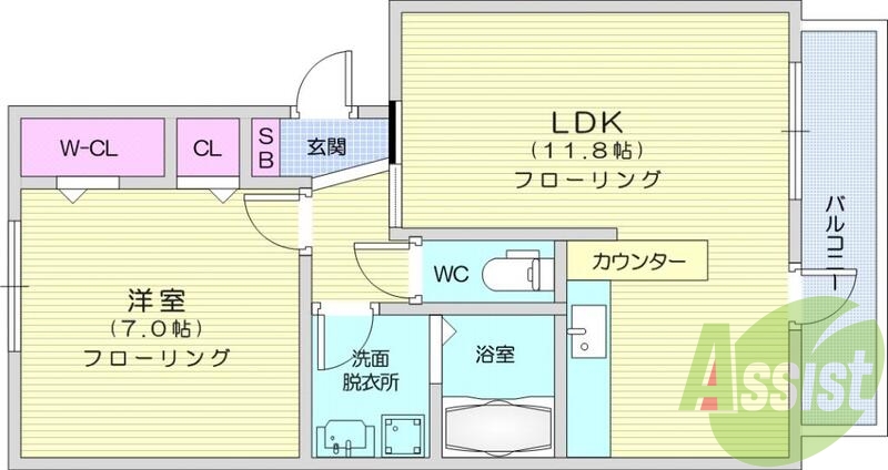 1LDK、南向き、追焚機能、温水洗浄便座シャワー付洗面化粧台