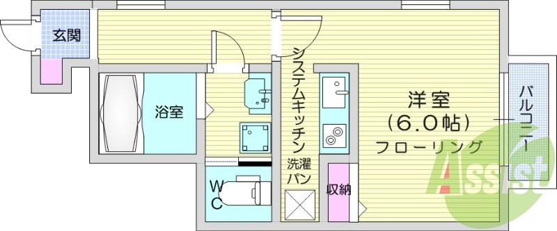 1R、バストイレ別、追い炊き機能、バルコニー付き