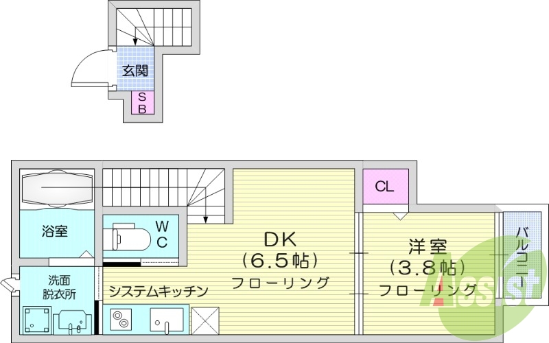 1DK、バストイレ別、追い炊き機能、バルコニー付き
