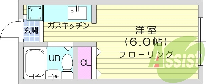 1R、洋室、バストイレ共同、ガスキッチン、エアコン