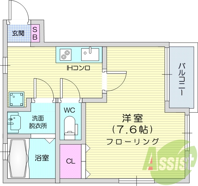 1K、エアコン、温水洗浄便座、バルコニー