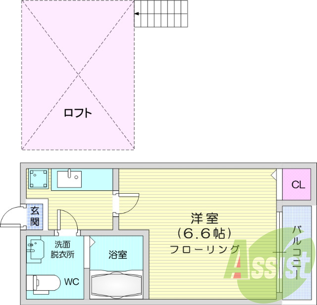 1K、デザイナーズ、ロフト、バストイレ別、洗面台、エアコン