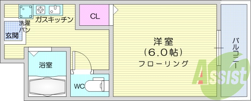 1K、家具家電付き、バストイレ別、バルコニー