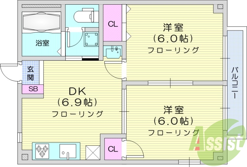 2DK、独立洗面化粧台、エアコン、室内洗濯機置き場