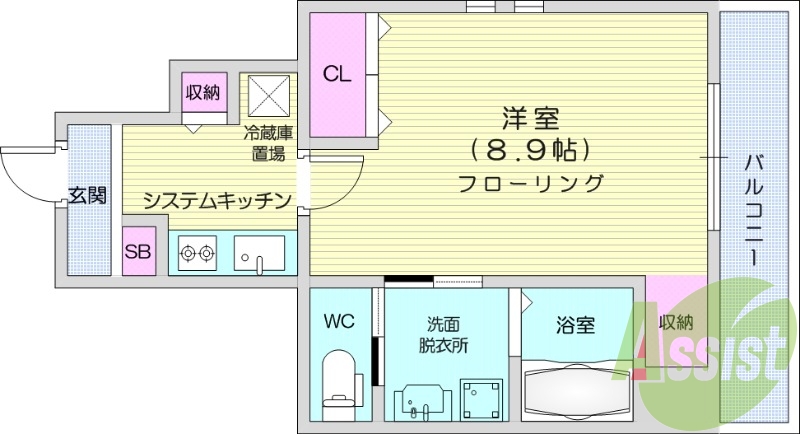 1K、浴室乾燥機、エアコン、バルコニー。