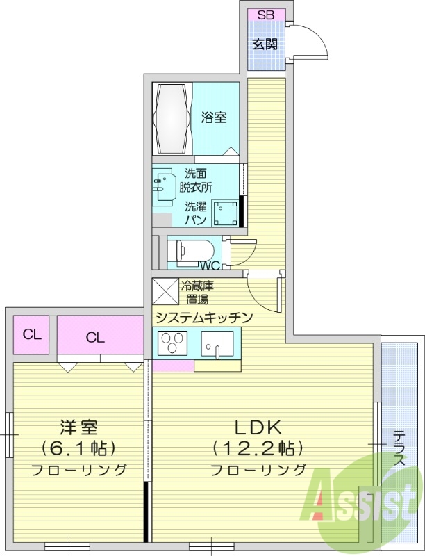 1LDK、バルコニー、エアコン、フローリング