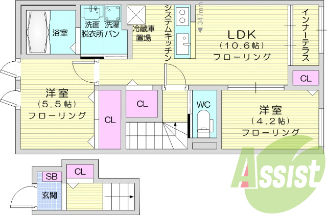 2LDK、インターネット無料、24時間緊急対応、浴室乾燥機