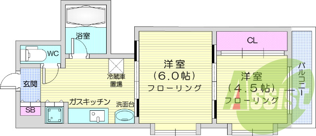 2DK、洗髪洗面化粧台、都市ガス、バストイレ別