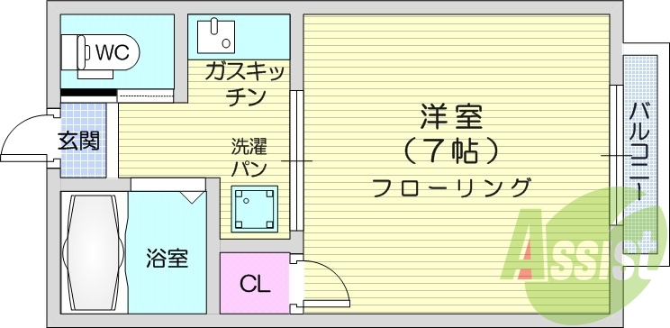 1Ｋ、フローリング、バストイレ別、バルコニー