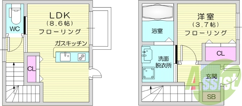 １LDK、メゾネット、エアコン、独立洗面台