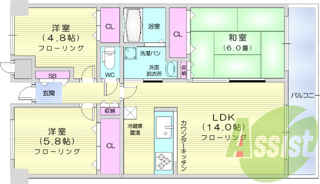 3LDK、カウンターキッチン、ガスコンロ付き、オートロック