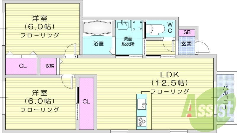 2LDK、バルコニー、独立洗面台、クローゼット