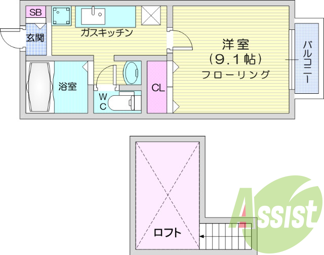 1K、バス・トイレ別、BSアンテナ、インターホン（モニタ付）