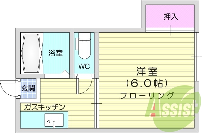 1K、押入、洋室、バストイレ別、インターホン、給湯