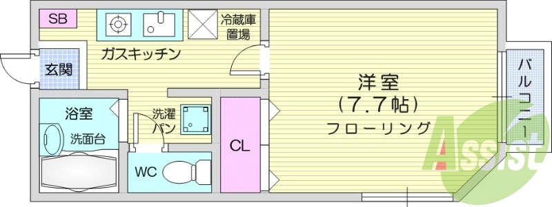 1K、バストイレ別、クローゼット、バルコニー