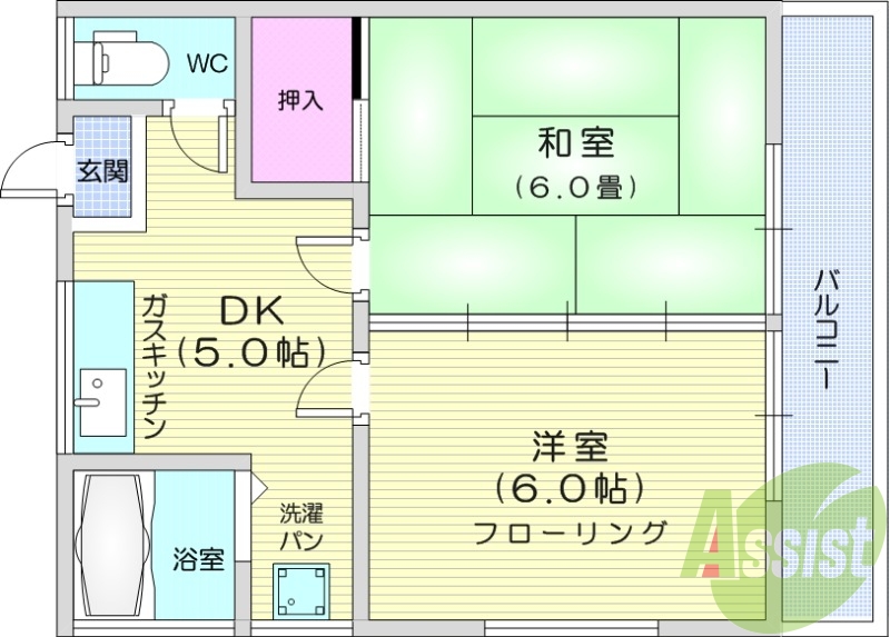 2DK、バストイレ別、室内洗濯機置場、エアコン