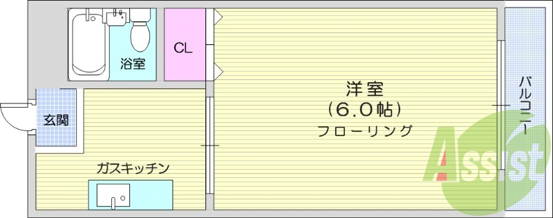 1K、バストイレ別、エアコン、キッチン、都市ガス