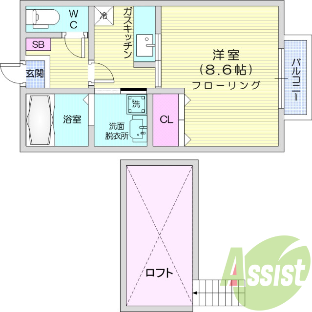 1K、シューズボックス、ロフト、脱衣所、独立洗面台