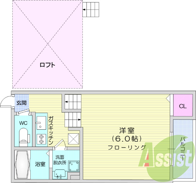 1K、エアコン、バストイレ別、独立洗面、ロフト