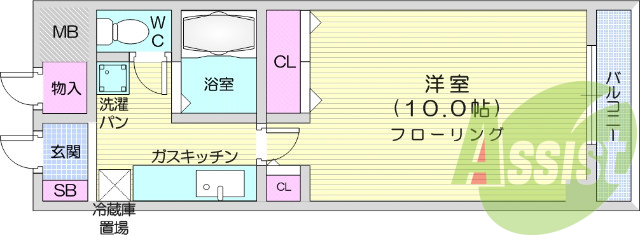 1Ｋ、バストイレ別、都市ガス、エアコン、収納スペース。