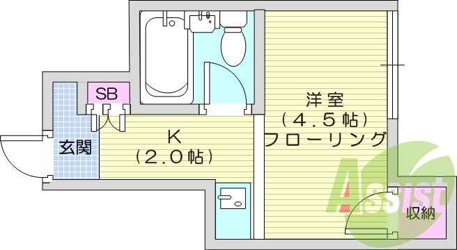 １K、バス・トイレ同室、エアコン、室内洗濯機置場