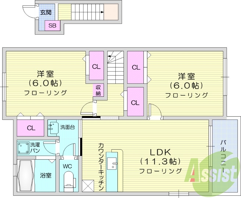 2LDK、角部屋、カウンターキッチン、洗面所独立