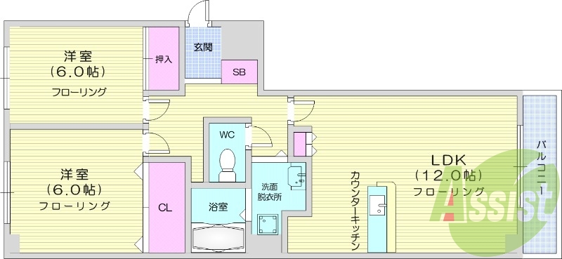 2LDK、都市ガス、カウンタキッチン　　