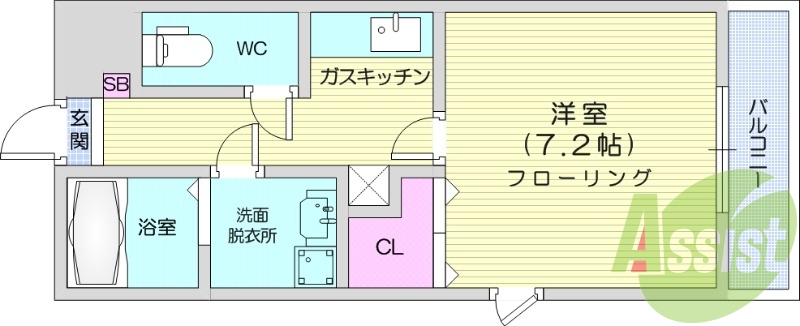 1K、バストイレ別、陽当たり良好、バルコニー付き