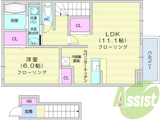 1LDK 、角部屋、エアコン2台、物置、カウンターキッチン