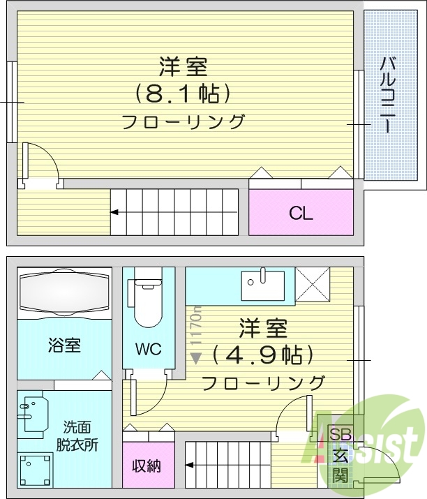 1DK、バストイレ別、バルコニー付き、メゾネットタイプ