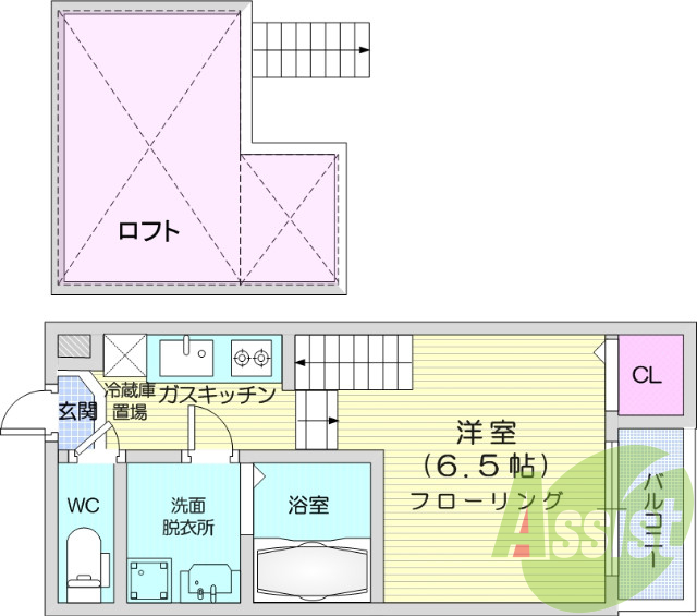１K、ロフト、浴室乾燥機、システムキッチン、温水便座