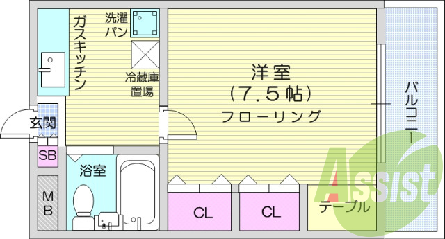 1K、エアコン、フローリング、バルコニー