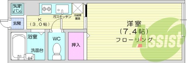 1K、エアコン、フローリング、ガスコンロ