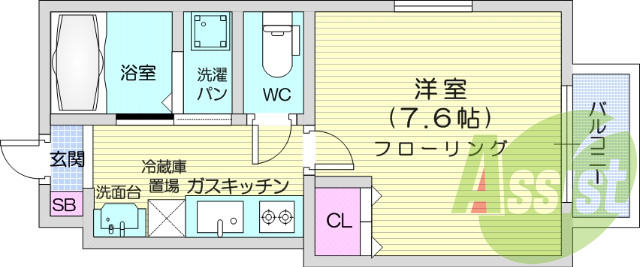 １K、洋室7.6帖、IHクッキングヒーター、システムキッチン