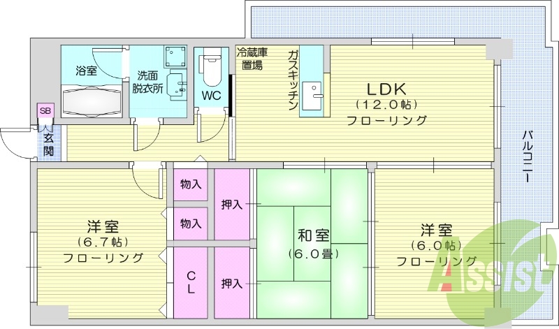 3LDK、角部屋、カウンターキッチン、都市ガス、追い焚き