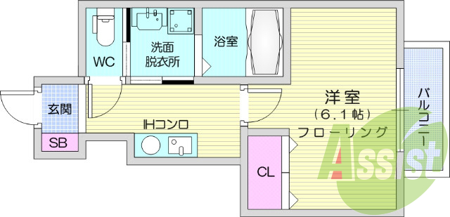 1K、バルコニー、クローゼット、バストイレ別