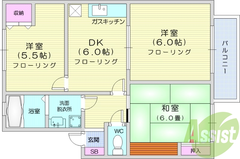 3DK、温水洗浄便座、追い焚き機能、室内洗濯機置き場