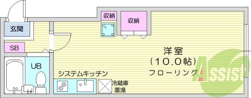１R、システムキッチン、エアコン、室内洗濯機置き場
