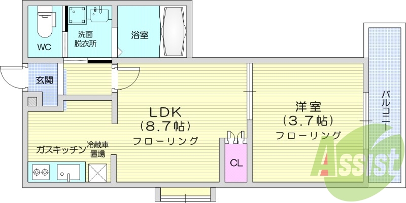 １LDK、バス・トイレ別、温水洗浄付便座、室内洗濯機置場　