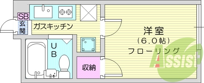 1K、エアコン、ガスコンロ付、収納スペース