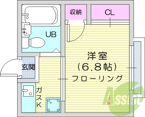 １K、バス・トイレ別、温水洗浄付便座、室内洗濯機置場　