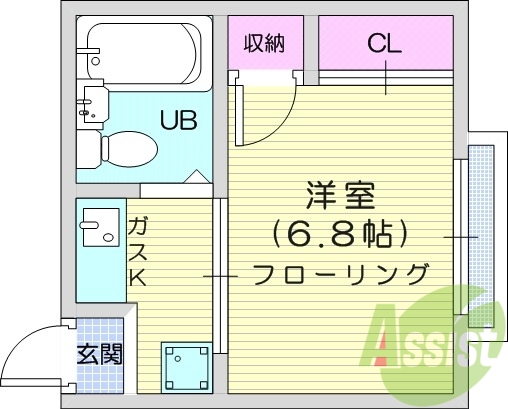 １K、バス・トイレ別、温水洗浄付便座、室内洗濯機置場　