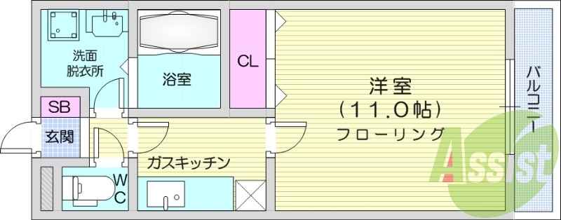 1K、バルコニー、ガスキッチン、洗面脱衣所、南向き、都市ガス