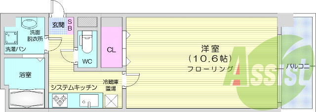 1K、システムキッチン、独立洗面台、シューズボックス、給湯器