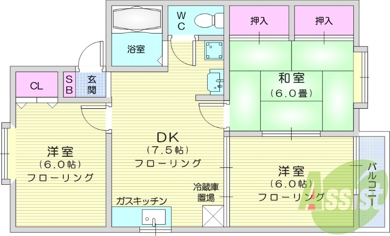 3DK、バストイレ別、都市ガス、エアコン