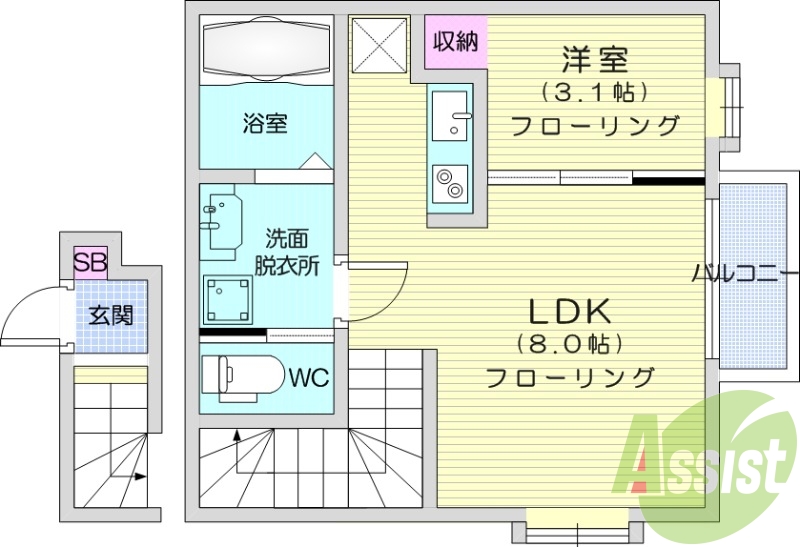 1LDK、システムキッチン、インターネット無料
