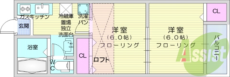 2K、独立洗面台付、ロフト有、インターネット無料