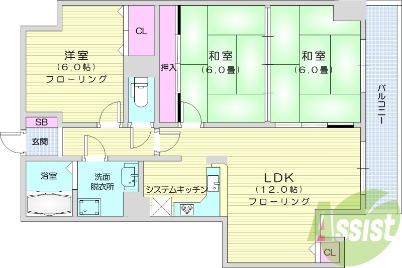 3LDK、都市ガス、エアコン、バストイレ別、独立洗面台