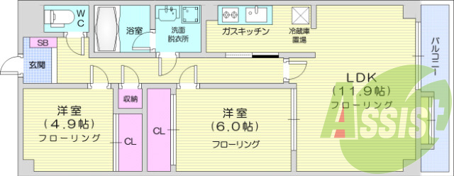 ※反転タイプ。2LDK、オートロック、エアコン、洗髪洗面台